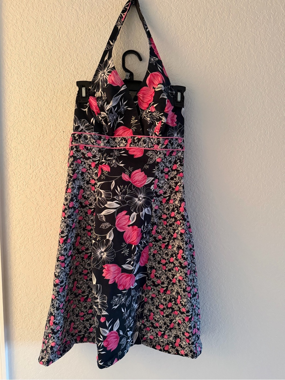 Vtg Y2K Ombré Floral Halter Dress Pink Black Cotton Size 11/12